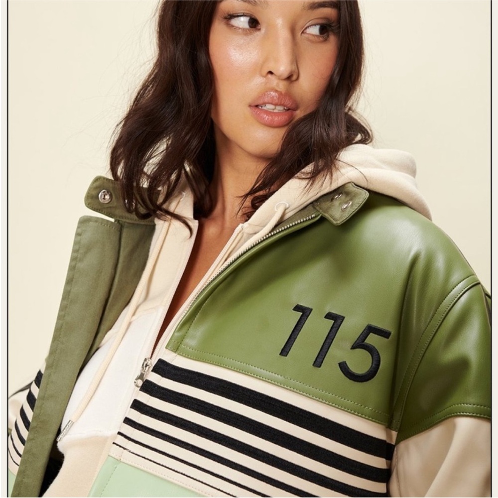 House of Sunny Green and Cream Panel Bomber Jacket - Picture 5 of 6